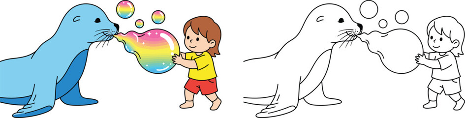 Cute Cartoon Boy and Seal Blowing Colorful Bubbles Fun Kids Coloring Page and Design Element