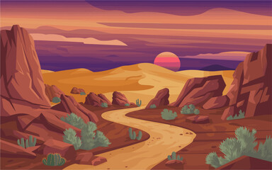 Vector illustration of a winding desert path through jagged sandstone cliffs, cacti, and shrubs under a glowing crimson sun, with dramatic orange and violet sky in stylized realism