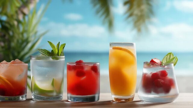 Tropical refreshing summer cocktails by the beach with fruit and ice