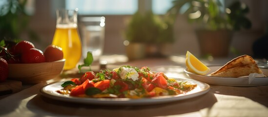 a delicious plate of fresh mediterranean salad, tomatoes, cucumbers, olives, feta cheese, olive oil dressing, rustic wooden table, outdoor setting, vibrant colors, natural lighting, healthy and appeti