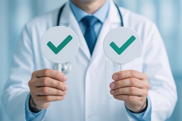 Doctor holding positive outcome signs, symbolizing success and approval in healthcare. Concept of medical validation, confidence, and patient satisfaction in clinical practice.