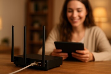 Young woman using a tablet while connected to a home Wi-Fi router, embodying modern connectivity and remote work innovation. Concept of technology, communication, and home networking.