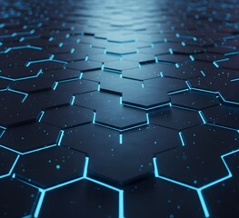 
illustration of hexagon landscape with dark surfaces and neon perimeter
