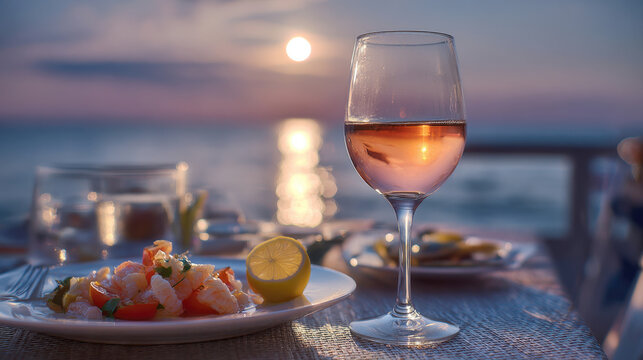 glass of rose wine and a fresh shrimp salad with lemon, set on an outdoor table against the backdrop of a beautiful sunset over the ocean. Perfect for romantic dining and luxury travel themes.