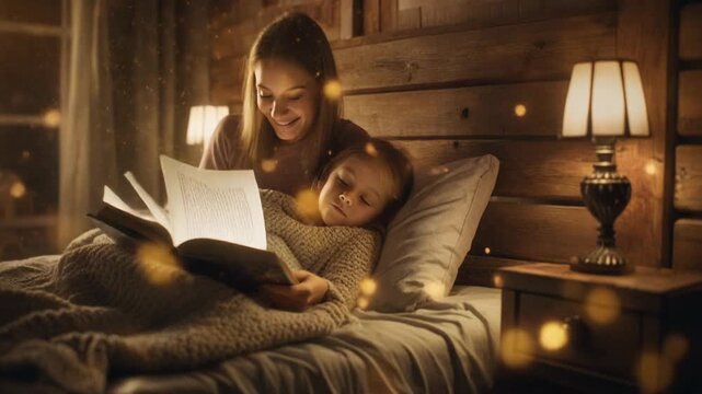 Cozy bedtime story Mother and child reading a book in a warm, dimly lit bedroom