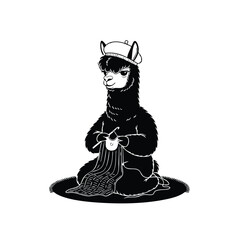 Naklejka premium Alpaca silhouette with white background knitting a scarf wearing beret and needle working as artist 110 characters