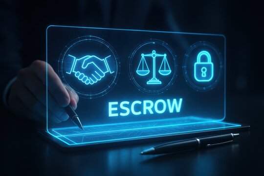 Digital representation of escrow services featuring handshake, scales of justice, and a padlock. Concept of secure transactions, trust, and legal agreements in finance.