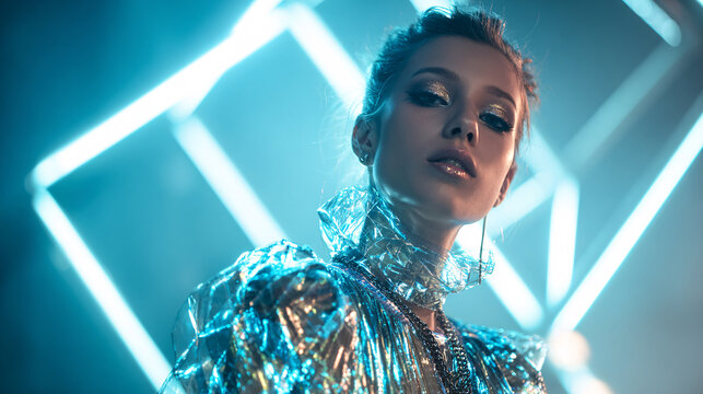 Captivating model with futuristic makeup and iridescent outfit illuminated by vibrant neon lights.