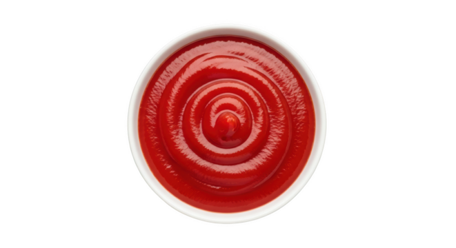 A white bowl filled with bright red ketchup in a swirling pattern isolated on a transparent background