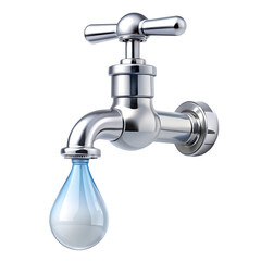 Shiny chrome tap with water droplet symbolizing saving resources and purity