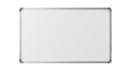 Blank white dry erase board with silver metal frame and rounded corners isolated on a transparent background