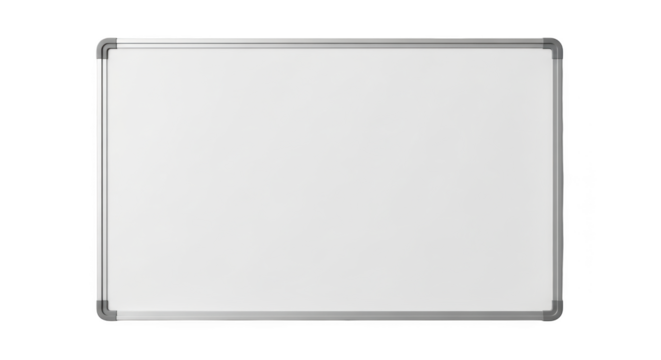 Blank white dry erase board with silver metal frame and rounded corners isolated on a transparent background