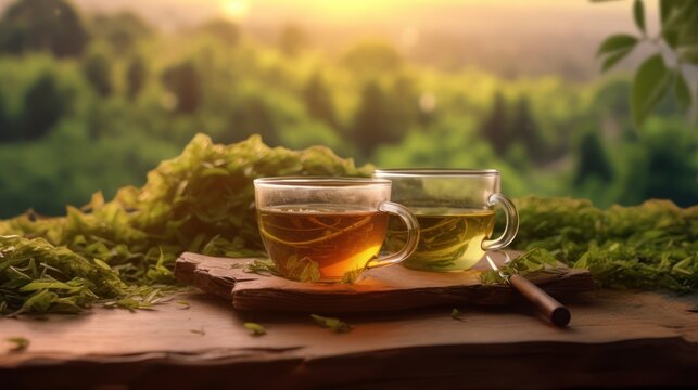 a cup of hot tea, wooden table, mossy rocks, sun beams, lush foliage, peaceful nature scene, warm lighting, tranquil atmosphere, serene outdoor setting, cozy forest ambiance, golden hour lighting, rus