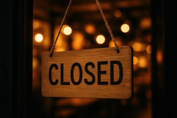 Wooden CLOSED sign on a restaurant door with blurred warm lights in the background. Concept of business hours, hospitality, and customer service management.