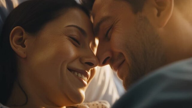 Close up of a happy couple embracing in bed with sunlight illuminating their faces - Powered by Adobe