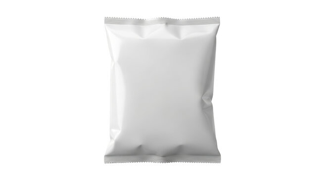 Blank white snack bag with crimped edges and creased surface isolated on a transparent background packaging