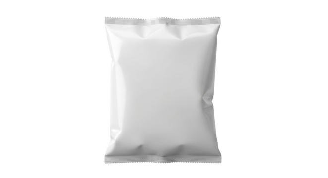 Blank white snack bag with crimped edges and creased surface isolated on a transparent background packaging