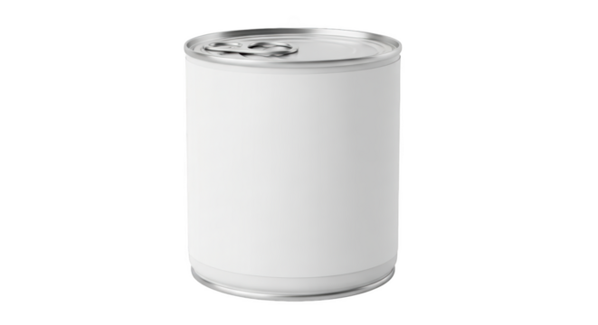 Blank white tin can with pull tab lid and silver rim isolated on a transparent background food can metal can