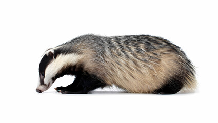 Side view of a badger with black and white fur isolated on white background, showcasing its distinctive markings and stocky build