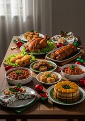 Traditional Indonesian Christmas feast with authentic local dishes such as ayam rica-rica, babi guling, and festive desserts. Styled on a rustic wooden table with soft lighting and Christmas details