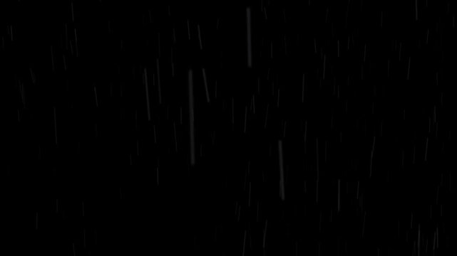Falling rain or snow overlay effect with white particles on a black background, ideal for weather simulation, cinematic atmosphere, or digital compositing