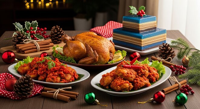Traditional Indonesian Christmas feast with authentic local dishes such as ayam rica-rica, babi guling, and festive desserts. Styled on a rustic wooden table with soft lighting and Christmas details