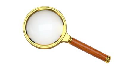 Classic magnifying glass with golden rim and wooden handle isolated on a transparent background lens