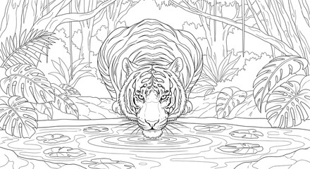 Tiger drinking water from a pond in a lush jungle