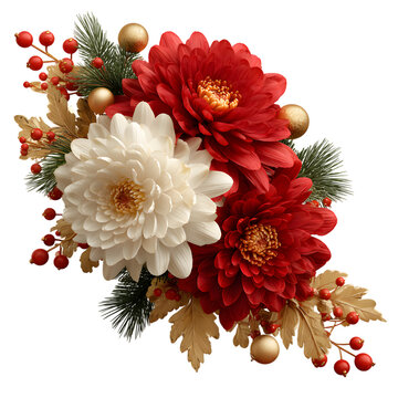 Red and white flower Christmas coner border decor PNG with gold leaves, pine branches, and ornaments. perfect for holiday cards, festive borders and seasonal decorations.