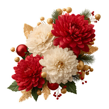 Red and white flower Christmas coner border decor PNG with gold leaves, pine branches, and ornaments. perfect for holiday cards, festive borders and seasonal decorations.
