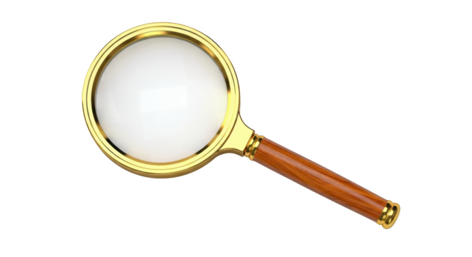 Classic magnifying glass with golden rim and wooden handle isolated on a transparent background lens