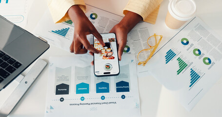 Ecommerce, above or hands in office with phone screen, sales analysis or food results on company website. Finance, graphs or woman in agency with tech, order platform or data insight for delivery app