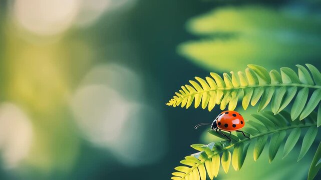A ladybug perches on bright green fern leaves, showcasing its distinctive red shell with black spots. The soft evening light creates a tranquil backdrop, enhancing the beauty of nature.