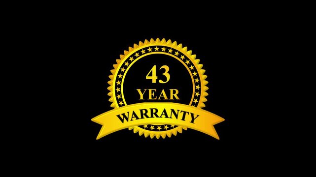 Golden 43 year warranty badge with ribbon on black background, premium quality guarantee label, certification seal, quality assurance, product guarantee seal, metallic gold warranty