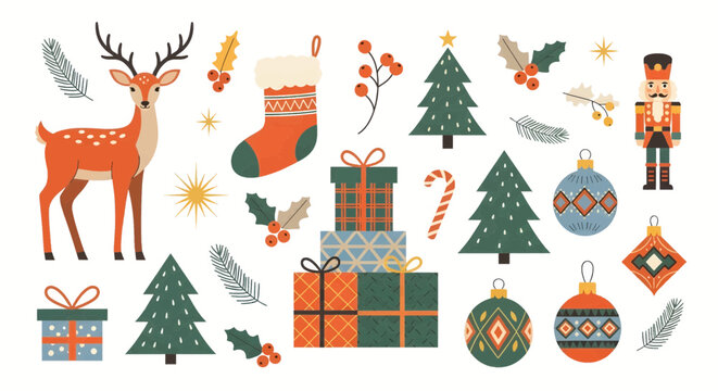 Vector illustration of collection of festive christmas elements including a deer, nutcracker, gifts, trees, and ornaments, isolated on a