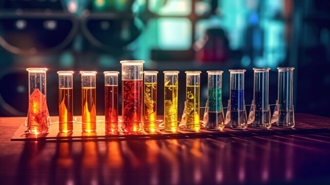 colorful science test tubes, glowing glass beakers, laboratory equipment, vibrant chemical liquid, scientific research, chemistry experiment, medical analysis, futuristic technology, abstract backgrou