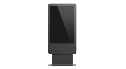 Dark gray digital kiosk display screen with reflective surface isolated on a transparent background interactive screen