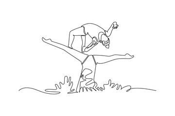 Single one line drawing two women are performing synchronized partner lift in water, with one supporting other in graceful, inverted arch pose. Continuous line draw design graphic vector illustration