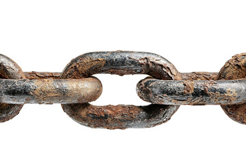 Fototapeta premium Corroded metal chain segment with rusty texture isolated on transparent background