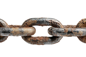 Corroded metal chain segment with rusty texture isolated on transparent background