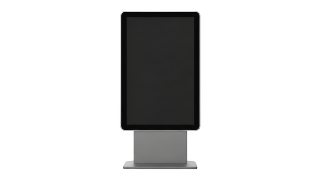 Digital information kiosk with blank dark screen and silver base isolated on a transparent background