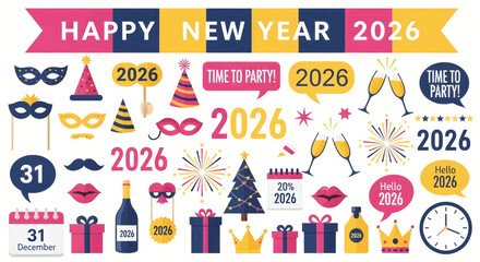 Vector illustration of happy new year 2026 celebration elements and symbols, isolated on