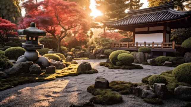 detailed japanese zen garden with vibrant autumn trees, red lacquered pagoda, stone lanterns, mossy rocks, calm pond, intricate architecture, dramatic lighting, atmospheric, cinematic, highly detailed