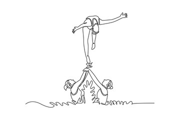 Continuous one line drawing three women are performing a synchronized partner lift and arch over the water, illustrating complex teamwork and grace. Single line draw design vector graphic illustration