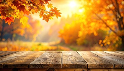 Autumn foliage above a rustic wood table, blurred background