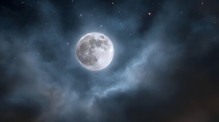 A full moon shines brightly through wispy clouds against a star filled night sky