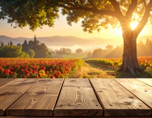 Sunny vineyard landscape seen from a wooden tabletop