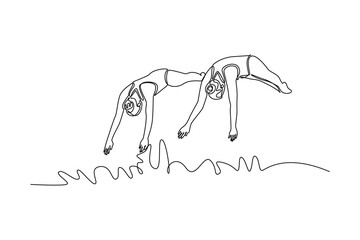 Continuous one line drawing two women are jumping to pool to start performing a synchronized swim over the water, illustrating grace and precision. Single line draw design vector graphic illustration