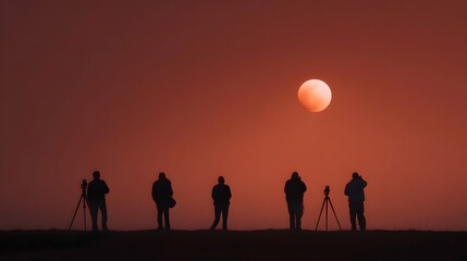 Fototapeta premium Silhouettes of photographers observe a dramatic red celestial body in the hazy twilight sky