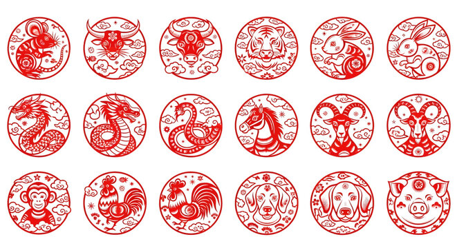 Vector illustration of collection of 15 traditional chinese zodiac animals in red circular paper cutouts, displayed on a